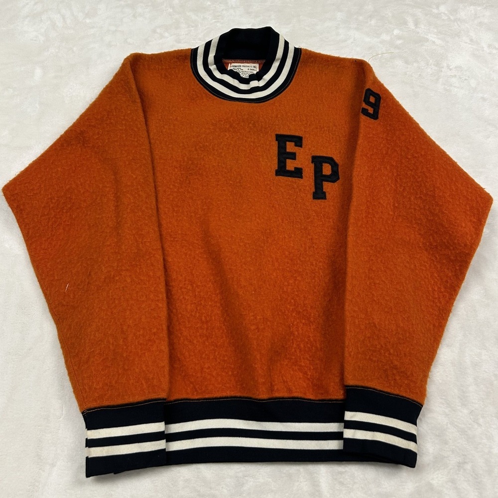 50s/60s Champion Sweater Mens XS Orange Varsity Letterman EP Patch USA Made